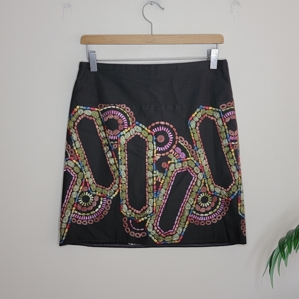 Sevier Skirts Chocolate Brown Skirt with Colorful Geometric Embroidery Unique
